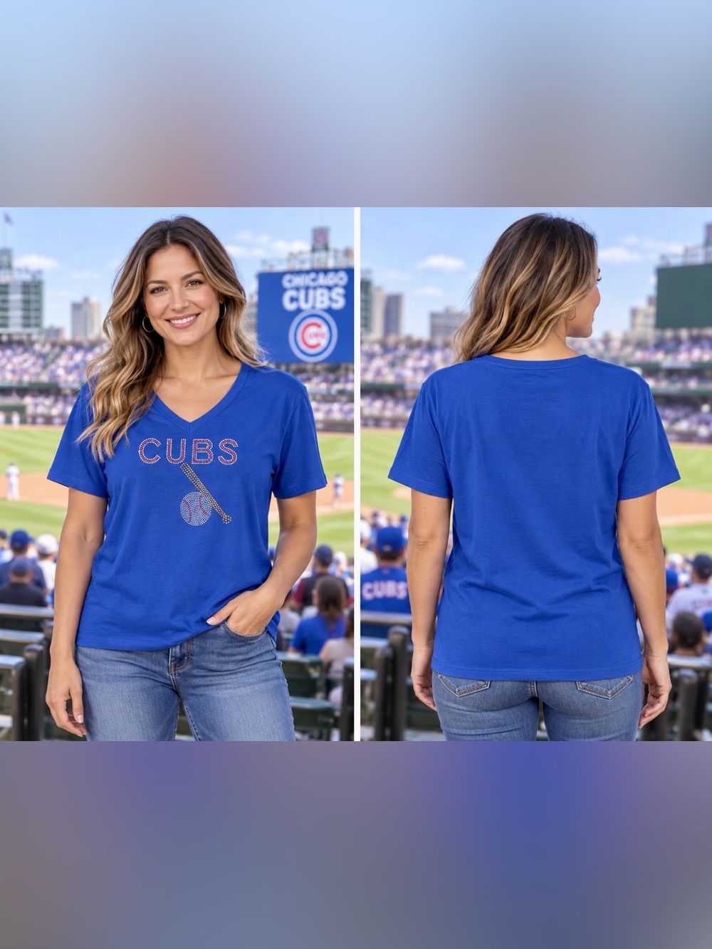 🆕 Chicago Cubs Women’s Rhinestone V-Neck T-Shirt XS–1XL BNWOT